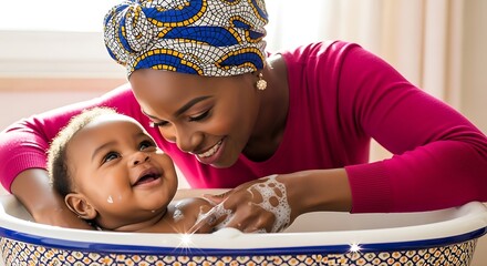 Loving African Mother Gently Bathing Her Happy Baby in a Tub.