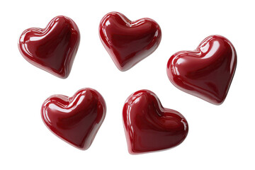 Five glossy red hearts floating against a black background shiny, Isolated On Transparent Background, Png Cut Out