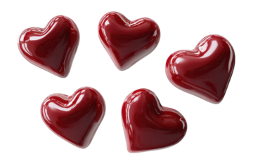 Five glossy red hearts floating against a black background shiny, Isolated On Transparent Background, Png Cut Out