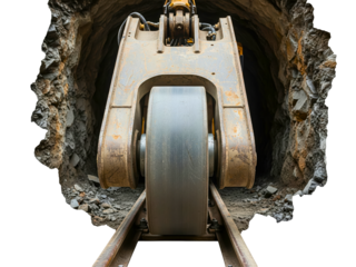 Heavy industrial mining equipment wheel on a rail track in a tunnel on a transparent background
