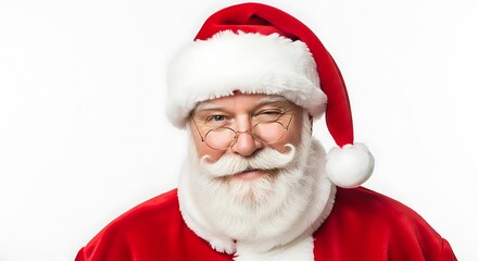 A close-up portrait of a jolly Santa Claus winking and smiling, wearing his iconic red suit and hat.