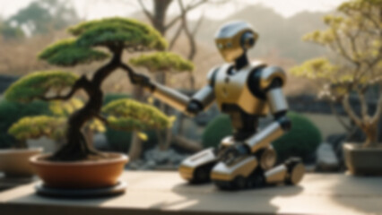background blurred An AI robot gardener pruning bonsai trees, with fine tool attachments and data overlay, tranquil Zen garden, early morning, soft golden light, 85mm lens, still frame.