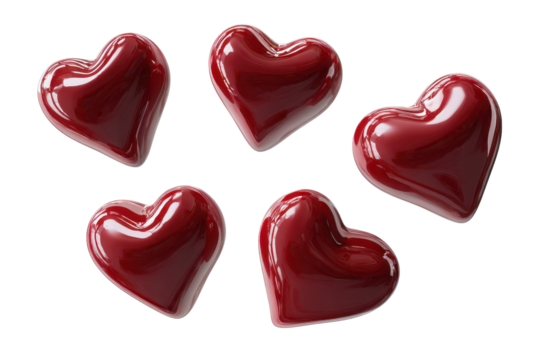 Five glossy red hearts floating against a black background shiny, Isolated On Transparent Background, Png Cut Out