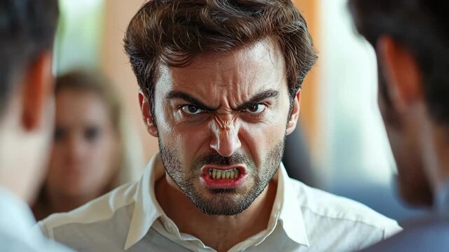 Furious man confronting someone aggressively, intense anger and frustration.