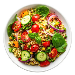 Vibrant Millet salad with fresh vegetables herbs and white plate isolated on white background