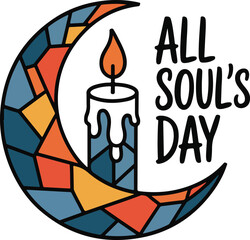 Crescent moon with stained glass pattern and lit candle All Souls Day text event holiday vector illustration EPS file download.
