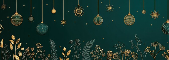 Festive green and gold holiday background featuring hanging ornaments and botanical details, festive season
