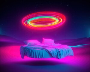 Naklejka premium Futuristic bed floating in colorful light