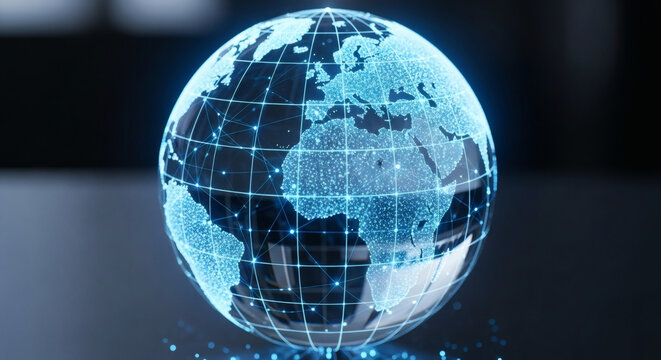 Glowing digital Earth globe, interconnected lines and data points. Symbolizes global network, technology, communication, and modern digital infrastructure