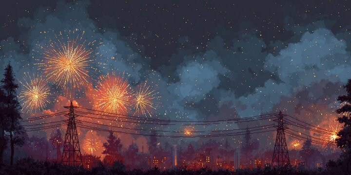Nighttime pixel art scene depicts a fireworks display over a forest with power lines