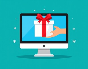 Ilustración de computadora con caja de regalo roja para concepto de compras en línea
