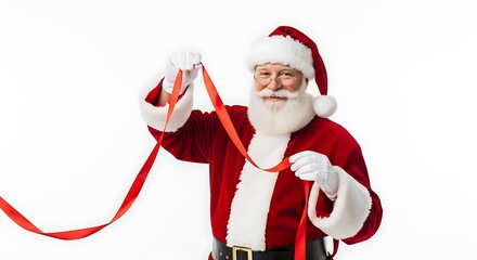Santa Claus in his traditional red suit and hat, holding a long red ribbon with a cheerful expression.