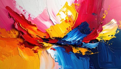 Abstract colorful explosion of vibrant red blue yellow pink paint and glitter textured thick impasto brush strokes dynamic energetic composition