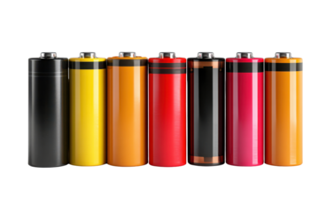 Seven cylindrical batteries in a row black yellow orange red and pink colors battery power, Isolated On Transparent Background, Png Cut Out