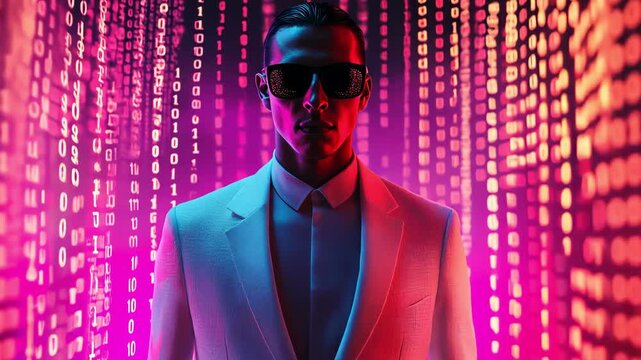Stylish man in suit with binary code background. Cyberpunk, futuristic theme.