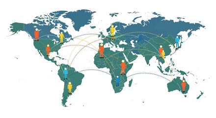 Flat vector illustration of a world map with dotted travel lines and people icons moving between countries, representing migration and connection, International Migrants Day