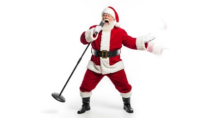 Santa Claus singing energetically into a microphone on a white background, with snow falling around him.