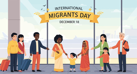 Flat vector poster showing families of different cultures greeting each other at an airport, celebrating International Migrants Day