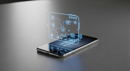 Smartphone with holographic interface displaying network diagram