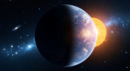 Exoplanet orbiting a distant star in deep space, a cosmic view of a new world with a bright sun.