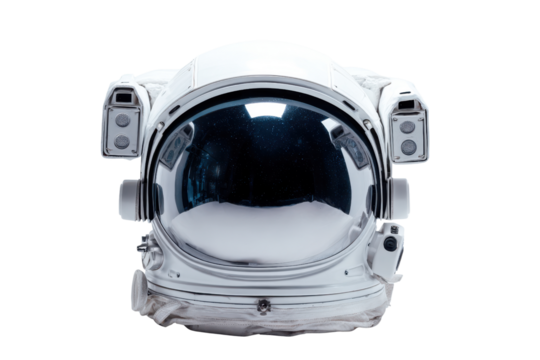 White astronaut helmet with reflective visor and black background space suit, Isolated On Transparent Background, Png Cut Out