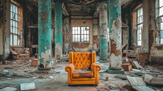 Decaying grandeur: A vibrant armchair sits amidst the ruins of a grand hall.