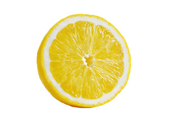 Close up of a bright yellow lemon slice with white pith and juicy segments citrus fruit, Isolated On Transparent Background, Png Cut Out
