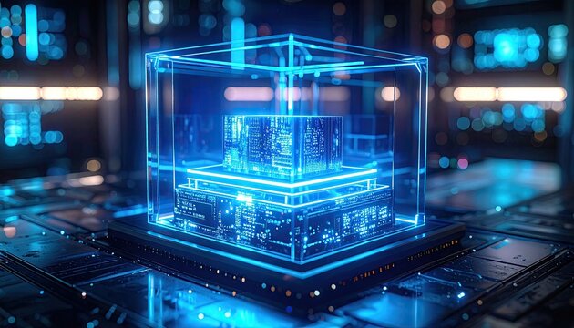 Abstract Digital Futuristic Technology Concept Glowing Blue Central Processing Unit With Circuit Board Background And Soft Bokeh Lights