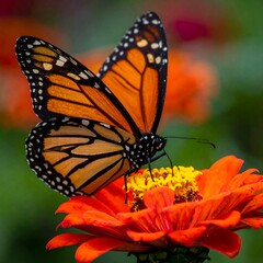 Obraz premium A vibrant orange and black insect, wings outstretched, perched atop a colorful flower. Nature's beauty is captured with detail