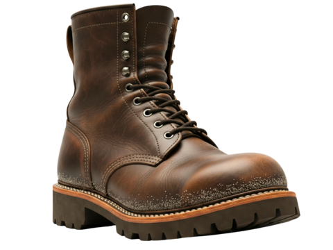 Single brown leather work boot with a rugged sole and laces on a transparent background