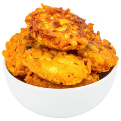 Golden Ugali fritters piled high in a white bowl background isolated on white background