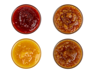 Collection of Fruit Chutneys in Bowls on Transparent Backdrop, Food Still Life