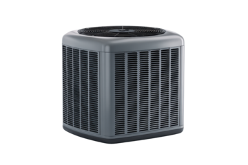 Gray outdoor air conditioning unit with black fan on black background conditioner, Isolated On Transparent Background, Png Cut Out