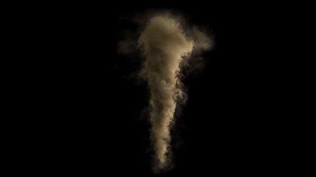 Realistic tornado simulation rendered with white luma mask showing rotating dust and smoke forming vertical vortex on dark background