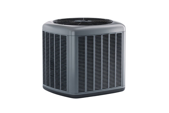 Gray outdoor air conditioning unit with black fan on black background conditioner, Isolated On Transparent Background, Png Cut Out