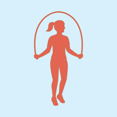 Minimalist illustration of a woman jumping rope on light blue background. Perfect for fitness, sport, and healthy lifestyle design projects.
