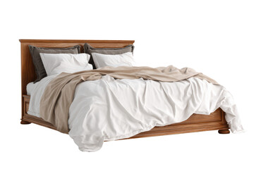 Wooden bed with white linens and taupe throw on black background furniture interior, Isolated On Transparent Background, Png Cut Out