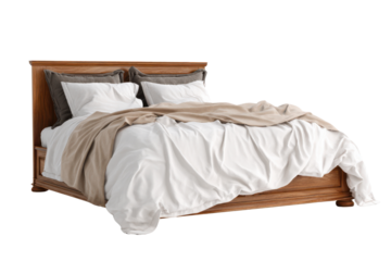 Wooden bed with white linens and taupe throw on black background furniture interior, Isolated On Transparent Background, Png Cut Out