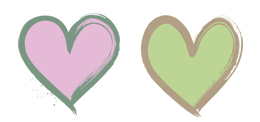 Hand-drawn pastel hearts vector illustration, pink and green brushstroke design, minimalist romantic symbol, love concept, watercolor vector art on white background