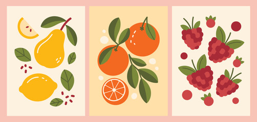 Organic Fruit Illustration Set,  Abstract hand-drawn orange, pear, and raspberry vector art. Great for wall décor, eco-friendly branding, food packaging, and minimalist design projects.