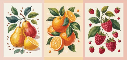 Minimalist Fruit Poster Bundle,  Vector set of modern abstract fruit designs featuring orange, pear, and raspberry. Ideal for prints, eco packaging, and contemporary interior artwork.