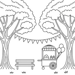 Park Scene Coloring Page for Kids - Trees, Bench, Kiosk, Banners, Nature, Outdoors