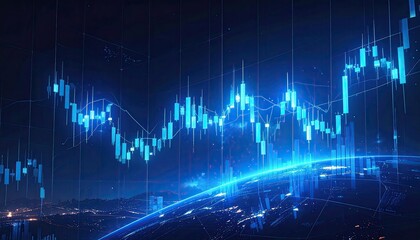 Abstract Blue Digital Stock Market Graph with Glowing Lights and Cityscape at Night