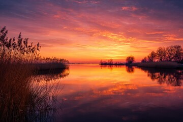Obraz premium Fiery Sunset Reflection on Calm Lake Waters with Silhouetted Reeds and Trees.