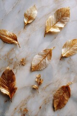 Gilded Autumn Leaves Scattered on Textured Marble Surface, Elegant Nature Still Life.