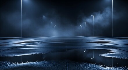 Dark rainy alley with blue light and fog