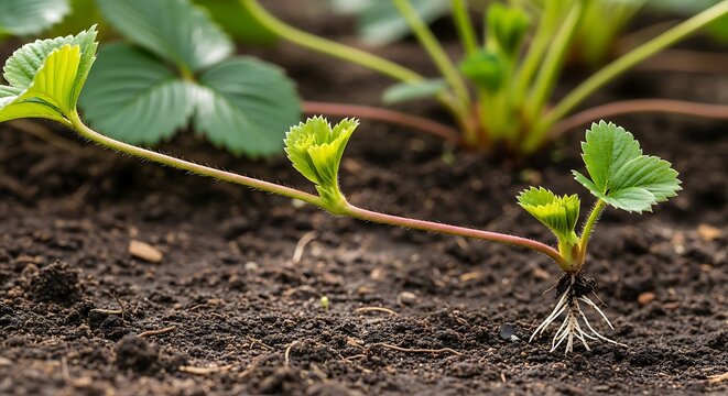 Strawberry plant runner showing new growth and root system emerging from rich soil in a garden setting