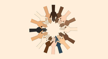 flat vector of raised hands in various skin tones forming a circle, representing unity and global cooperation, International Human Solidarity Day