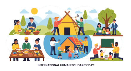 Colorful flat vector illustration of a community helping each other with food, shelter, and education, promoting kindness and togetherness, International Human Solidarity Day