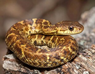 A coiled, patterned reptile rests on a weathered piece of wood